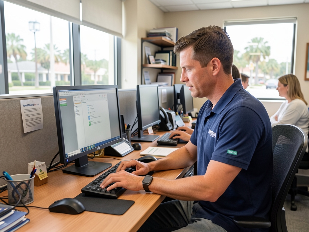 IT support technician helping a Tampa Bay business with a computer issue, in a small business office in Tampa, Florida