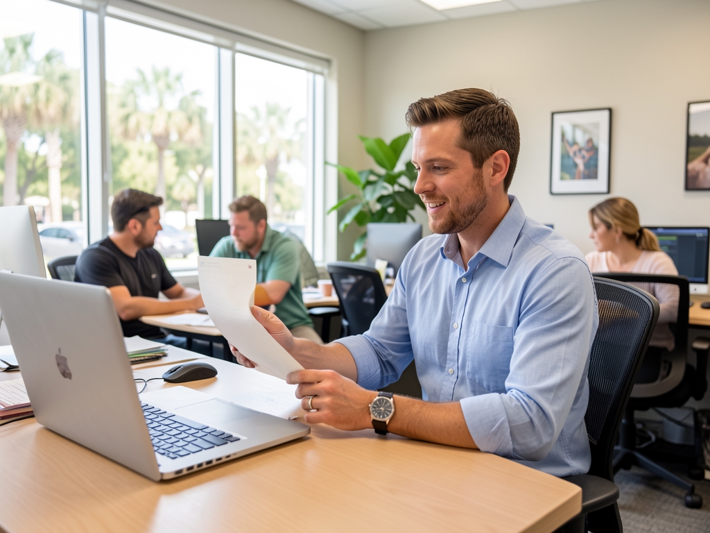 Small business owner in Tampa Bay reviewing IT support with a managed service provider, in a small business office in Tampa, Florida